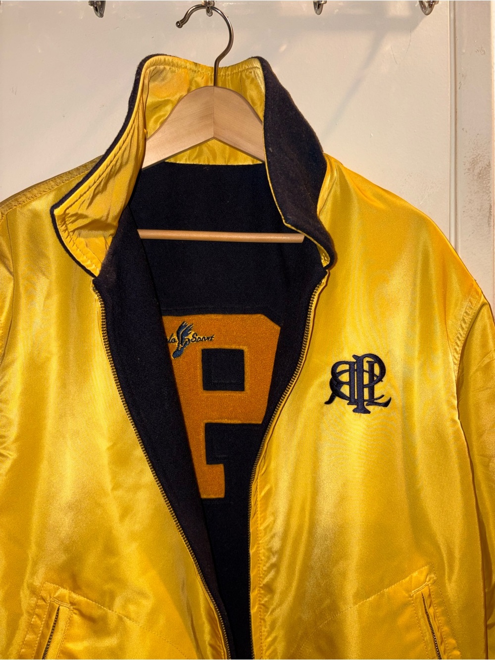 Polo by Ralph Lauren Yellow Satin Bomber Jacket with Black Trim - Picture 2 of 6